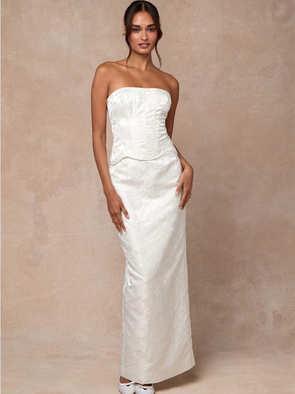 Melva White Satin Jacquard Two-Piece Bustier Maxi Dress